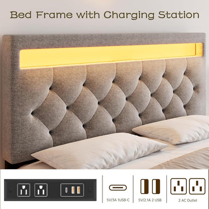 GarveeHome Full Size Upholstered Bed Frame with LED Lights and Charging Station - WoodArtSupply