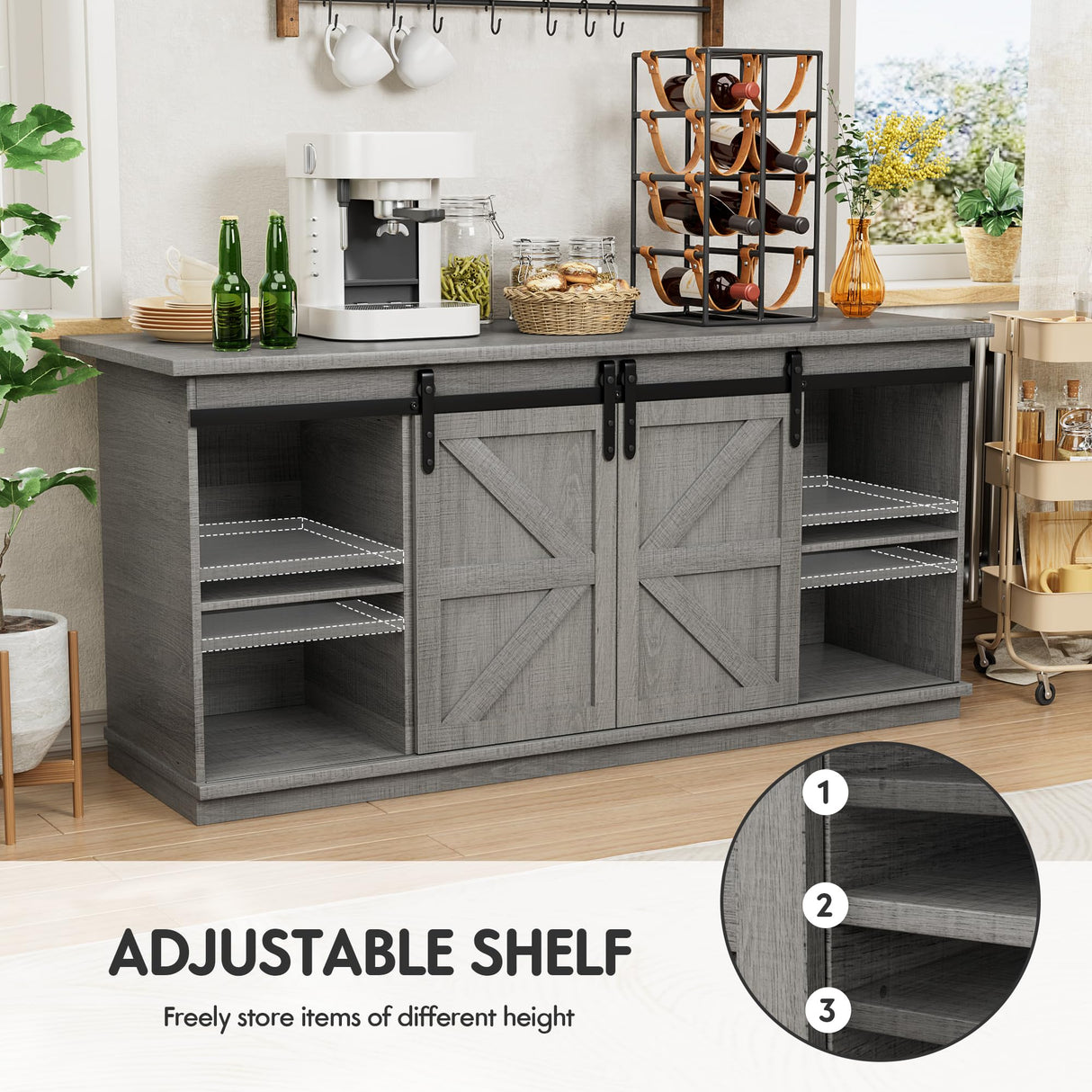 Shahoo Farmhouse Sideboard Buffet Cabinet, Coffee Bar Storage with Sliding Barn Doors, Shelf for Home Dining Room, 27.5 Height, Grey Shahoo