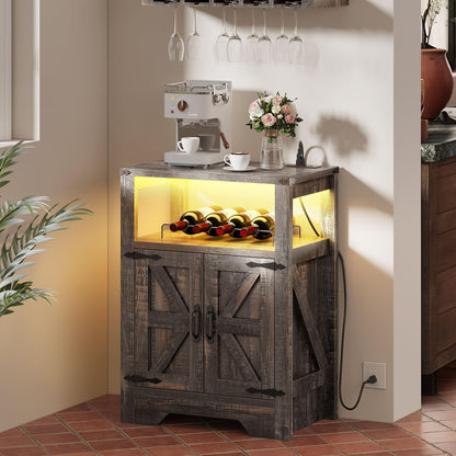 DWVO Liquor Cabinet w/Led Lights & Power Outlets, 31.5" Farmhouse Bar Cabinet w/Wine Rack, Coffee Bar w/Glass Holder, Small Alcohol Cabinet w/Barn Door for Kitchen, Dining & Living Room, Black Oak