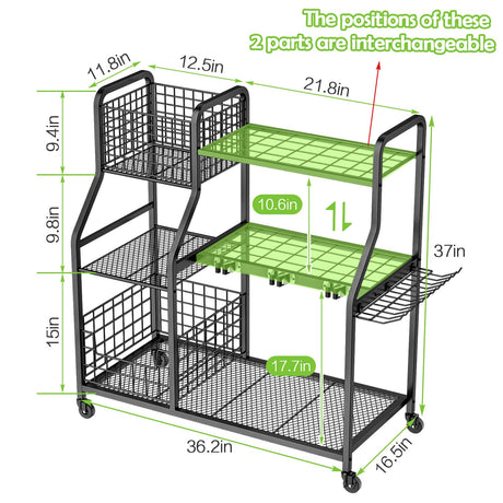keomaisyto Garden Tool Organizer with Heavy Duty Wheels for Garage - with 2 Baskets, Large Yard Tool Organizer and Storage Holder, Utility Garden Tool Rack for/Shed/Garage/Yard/Basement/Lawn keomaisyto