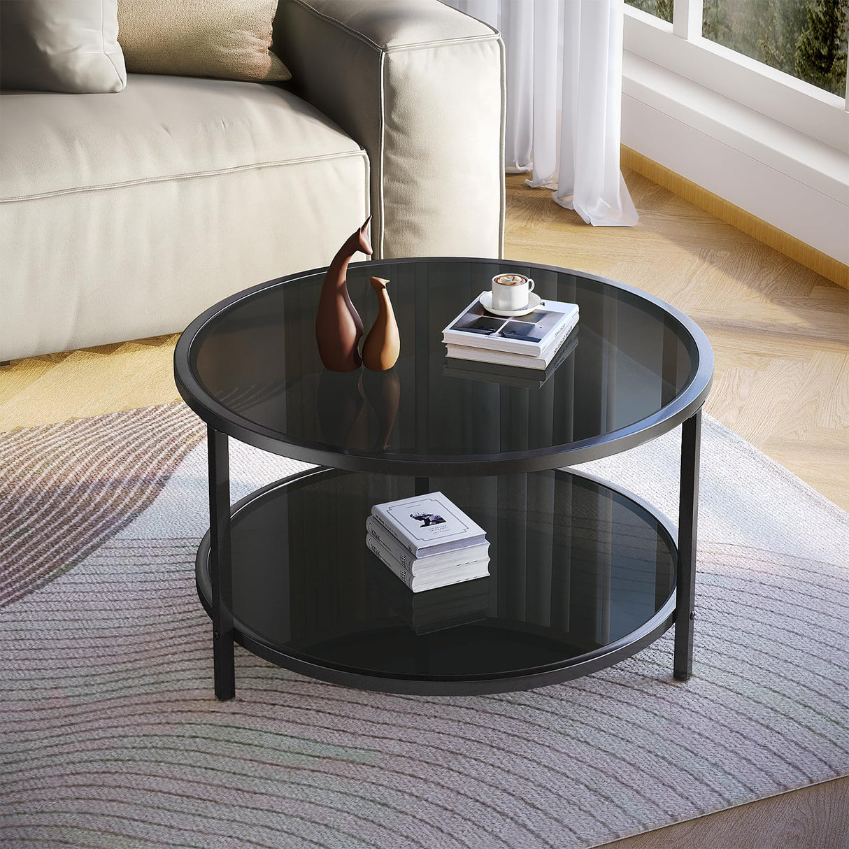 SAYGOER 27.6'' Round Coffee Table 2 Tier Black Glass Coffee Tables with Storage Shelf for Large or Small Space Modern Simple Sofa Table for Living Room Home Office, Easy Assembly… SAYGOER