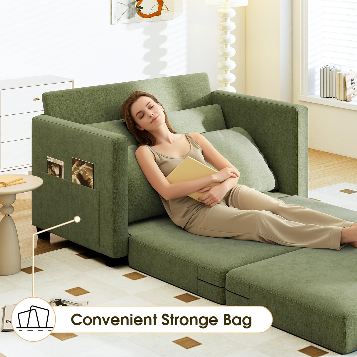 51" Convertible Loveseat Sofa Bed, 2 in1 Folding Sofa Bed, Loveseat Sleeper Sofa for Small Spaces, Fold Out Floor Couch with 2 Pillows for Apartment, Living Room & Guest Room, Green Chenille Fabric Myroyalsit