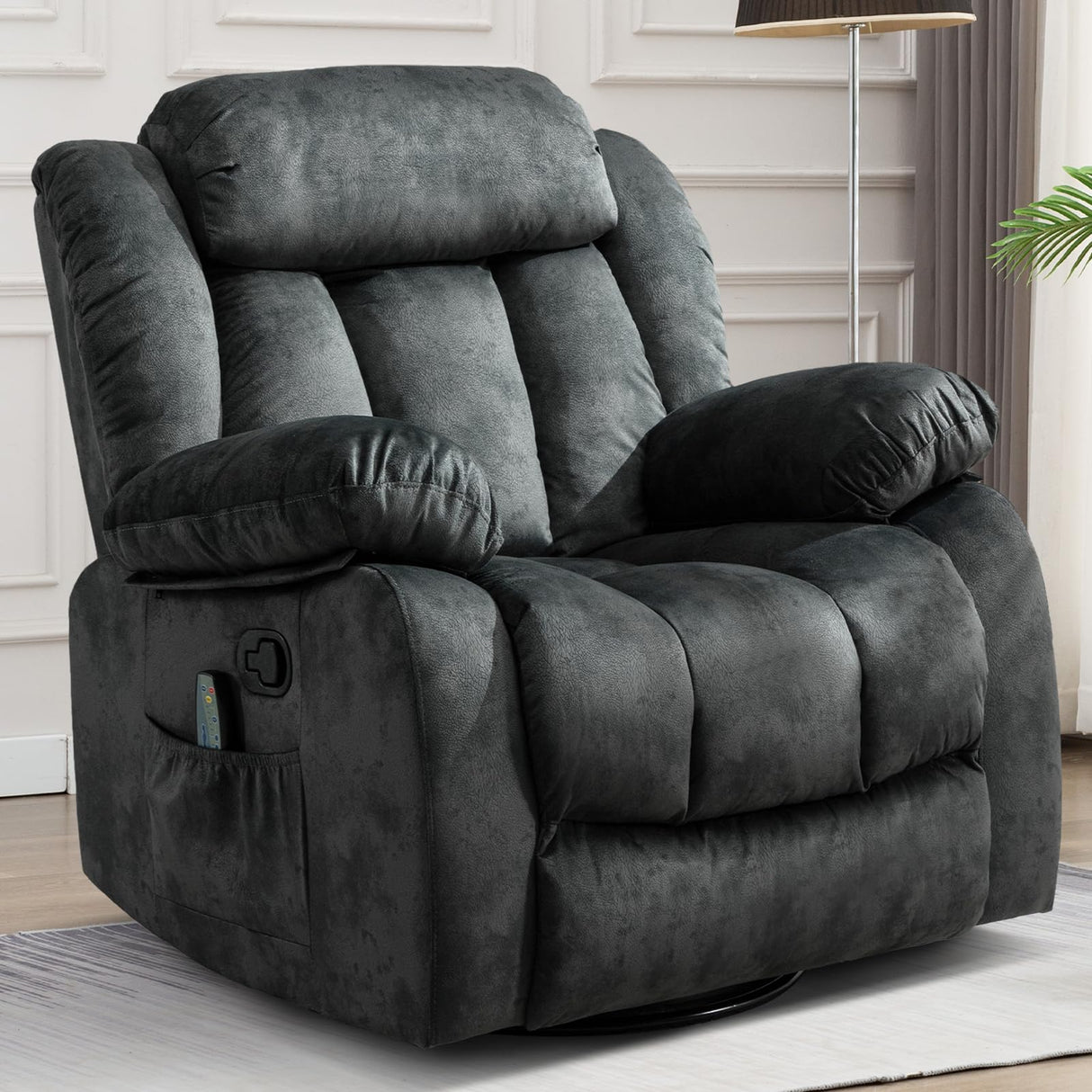 CANMOV Massage Swivel Rocker Recliner Chair with Heat and Vibration, 360 Degree Swivel Manual Recliners Antiskid Fabric Single Sofa Heavy Duty Reclining Chair for Living Room, Grey Green CANMOV
