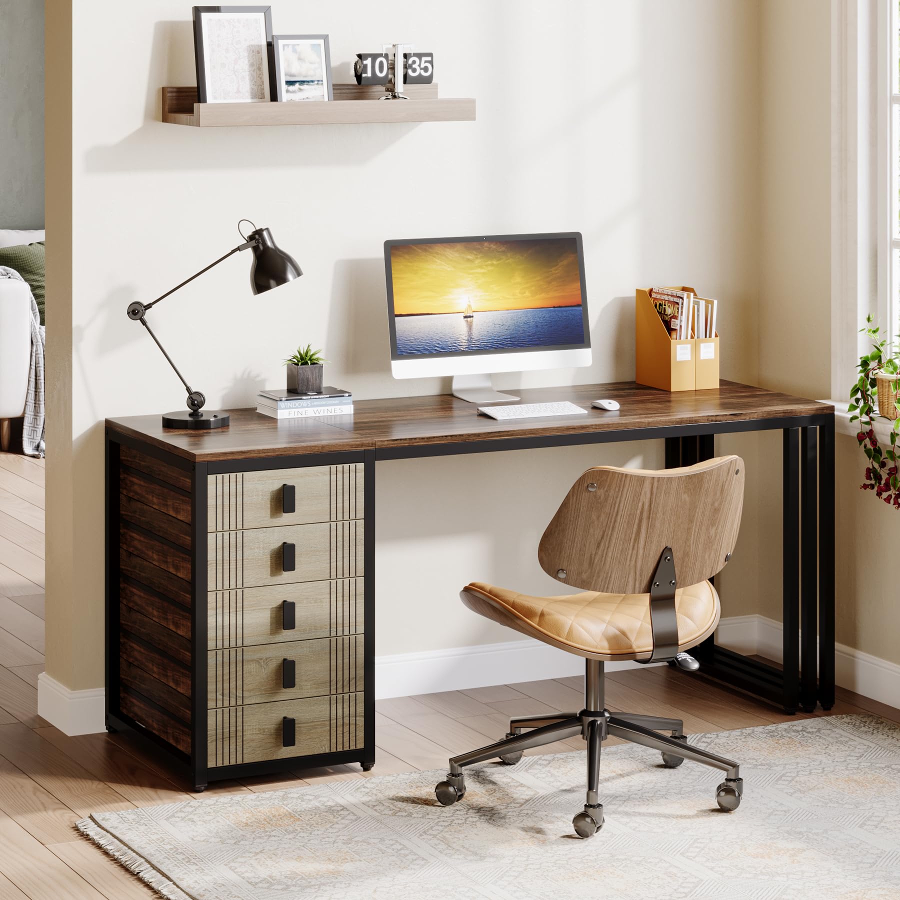 Tribesigns Computer Desk with 5 Drawers, 55" Home Office Desk with Reversible Drawer, Industrial Study Work Writing Desk with Storage, Simple Wood Laptop Desk for Small Space, Brown & Oak - WoodArtSupply