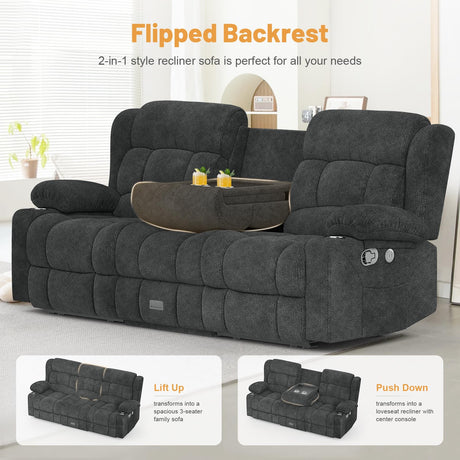 Dresegmt Loveseat Recliner Sofa, Flip Middle Backrest Design 3 Seat Reclining Sofa with Large Storage Drawer, USB Ports & Cup Holders, Manual Couch for Living Room/Home Theater (New Gray) Dresegmt