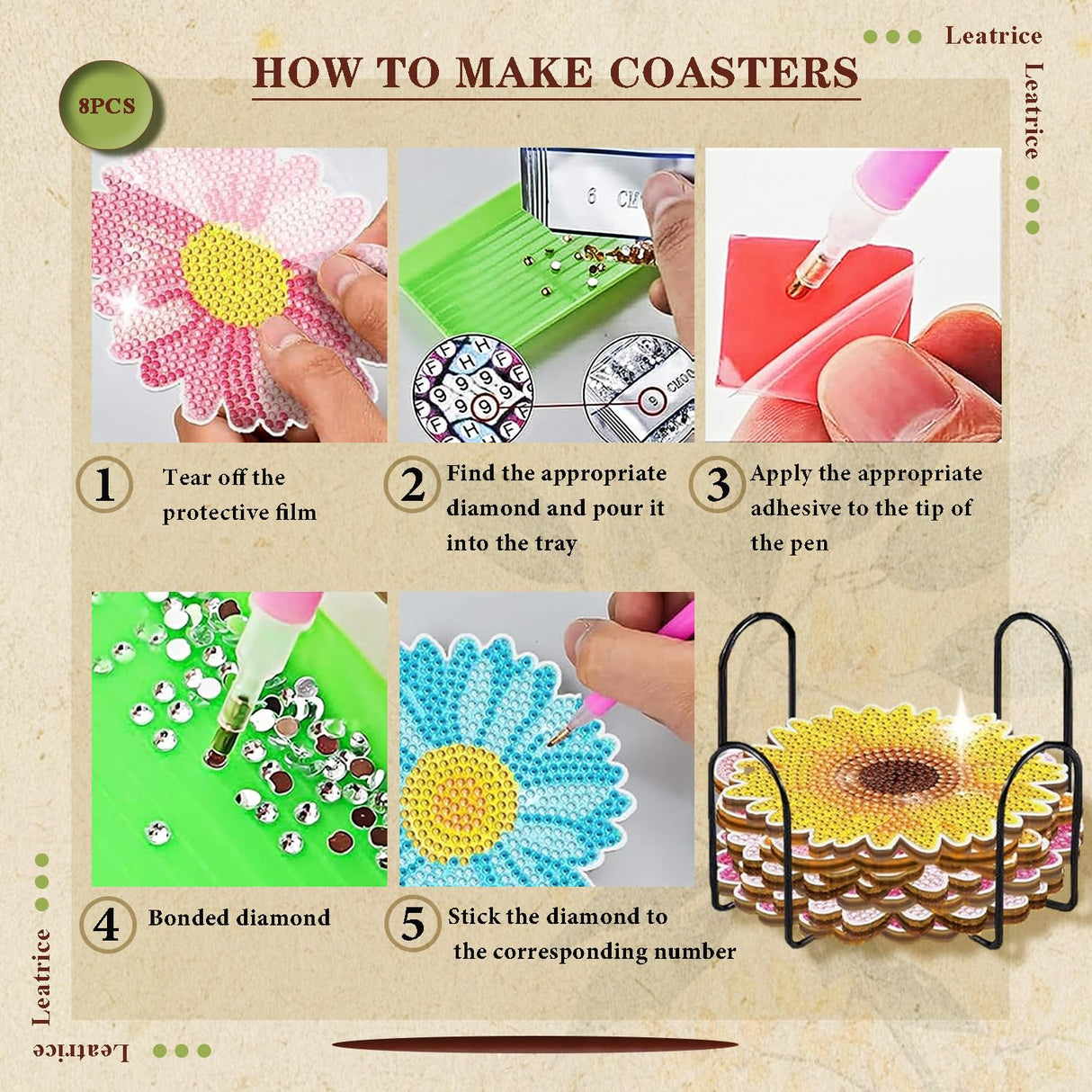 Leatrice 8PCS Flower Diamond Art Coasters Small Diamond Painting Kits for Adults Beginners Women Gem Art Coasters with Holder Funny DIY Crafts for Home Decor Leatrice