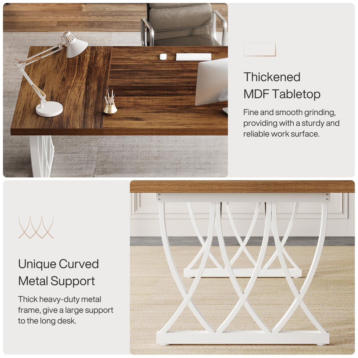 Tribesigns 70.86-Inch Executive Desk, Large Home Office Desk Computer Desk with Thick Metal Frame, Rectangle Study Writing Table Workstation for Home Office, Retro Brown & White Tribesigns