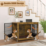 Dog Crate Furniture with Cushion, 32 Inch Wooden Dog Kennel Furniture Indoor, Heavy Duty Dog Crates for Small Medium Dogs, Dog Cage with Wheels, Chew Resistant, Double Doors Dog House, Rustic Brown VENDORZ