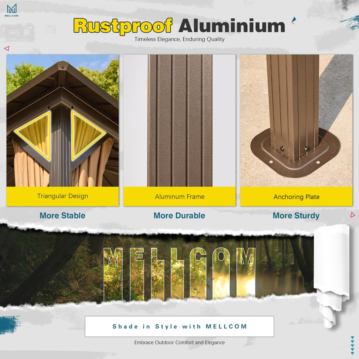 MELLCOM 12'x18' Hardtop Gazebo, Galvanized Steel Metal Double Roof Aluminum Gazebo with Curtain and Netting, Brown Permanent Pavilion Gazebo for Patio, Lawn & Garden MELLCOM