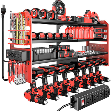 VeyFolzin.st Large Power Tool Organizer Wall Mount with Charging Station, 4 Layer Heavy Duty Metal Cordless Tool Organizer, Tool Storage Rack with 8 Cordless Drill Holder Screwdriver Hammer(Red) VeyFolzin.st