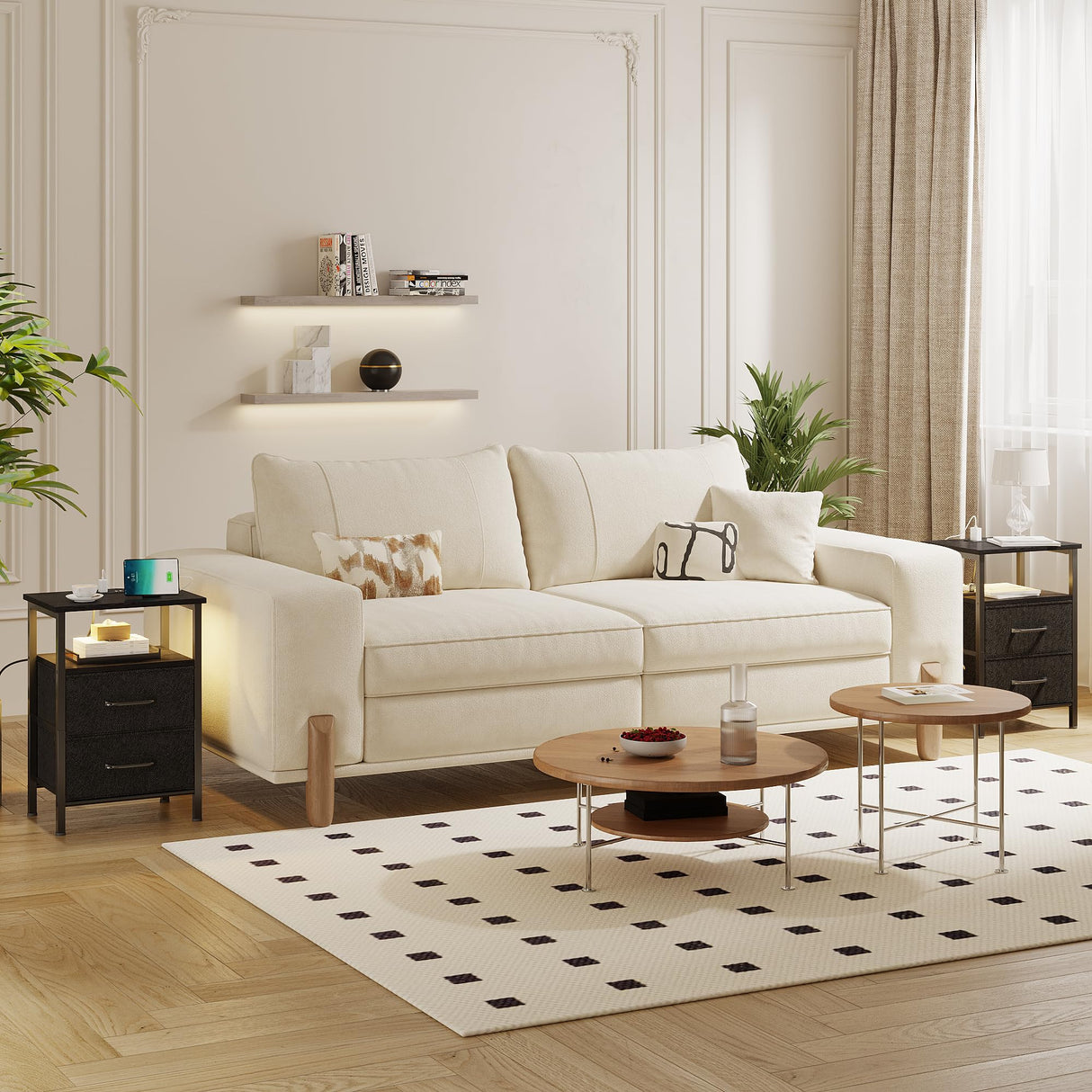 TRIFEBLE Nightstands Set of 2, Night Stand with Charging Station and Led Lights, Bedside Table with 2 Fabric Drawers for Bedroom, Small Side End Table with Open Shelf, Black TRIFEBLE