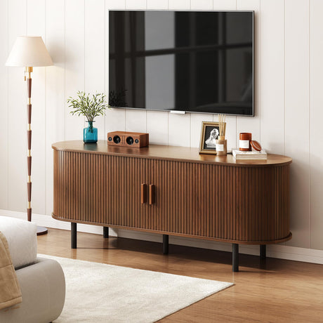 ONBRILL 55" TV Stand with Power Outlet for TVs up to 60 Inch, Entertainment Center with Storage and Adjustable Shelves, Modern Media Console with Sliding Doors for Living Room, Walnut ONBRILL