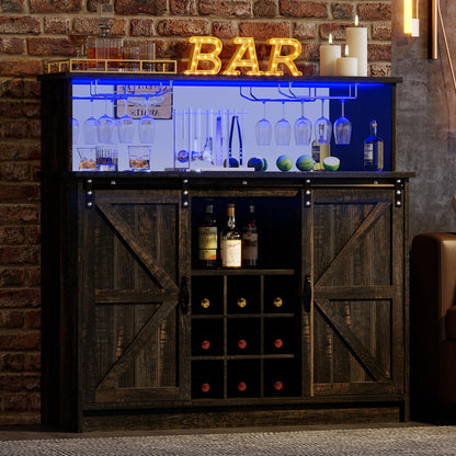 4 EVER WINNER Wine Bar Cabinet with LED Light, 47" Home Bar Cabinet with Wine and Glass Rack, Sliding Barn Doors, Farmhouse Coffee Liquor Cabinet for Dining Living Room, Dark Rustic Brown