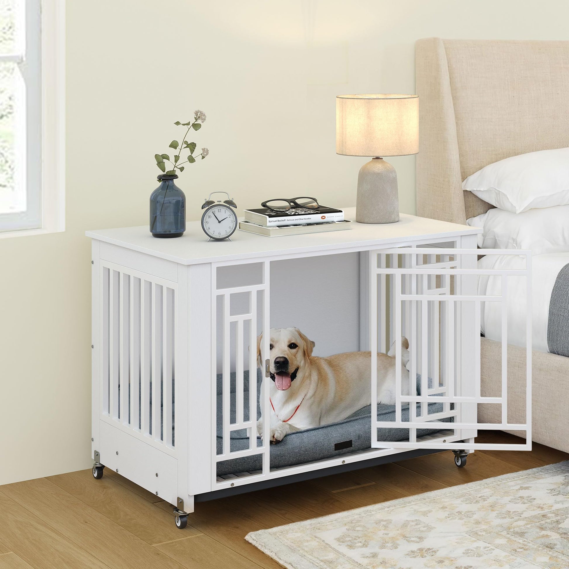 YITAHOME Dog Crate Furniture, 38.2" Heavy Duty Dog Cage, Wooden Side End Table with Wheels, Chew-Resistant Metal Dog Kennel with Removable Tray, Dog House Indoor for Small Medium Dogs, White - WoodArtSupply