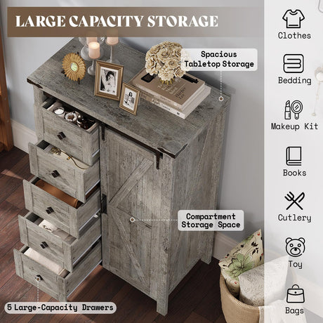 AMERLIFE 31.5'' Farmhouse Dresser with Sliding Barn Doors, 48" Rustic 5 Drawer Tall Dresser, Storage Organizer for Bedroom, Entryway, Light Rustic Oak AMERLIFE