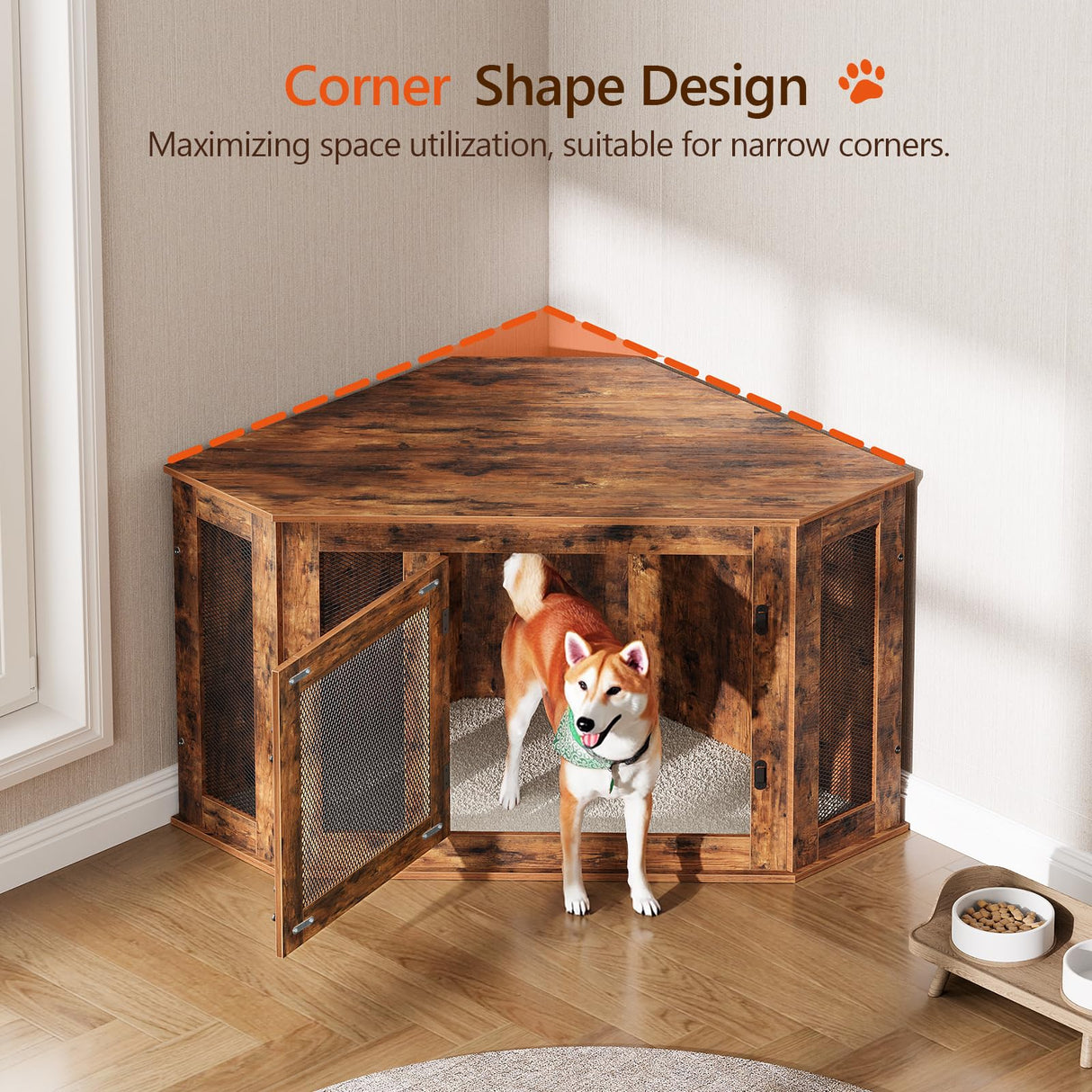 MAHANCRIS Corner Dog Crate Furniture, Wooden Dog Kennel End Table, Decorative Pet Crate Indoor Use, Furniture Style Dog House for Small Medium Dog, Dog Cage TV Stand, Rustic Brown DCRB0801 MAHANCRIS