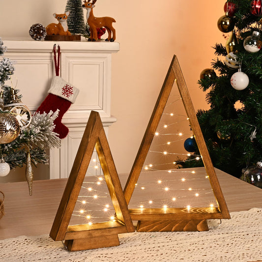 IBYO Wooden Christmas Tree Tabletop Christmas Tree with Lights Modern Farmhouse Christmas Decor Small Christmas Tree Mantle Christmas Decorations Holiday Decor Set of 2 (Large 14.3" Medium 10.2")