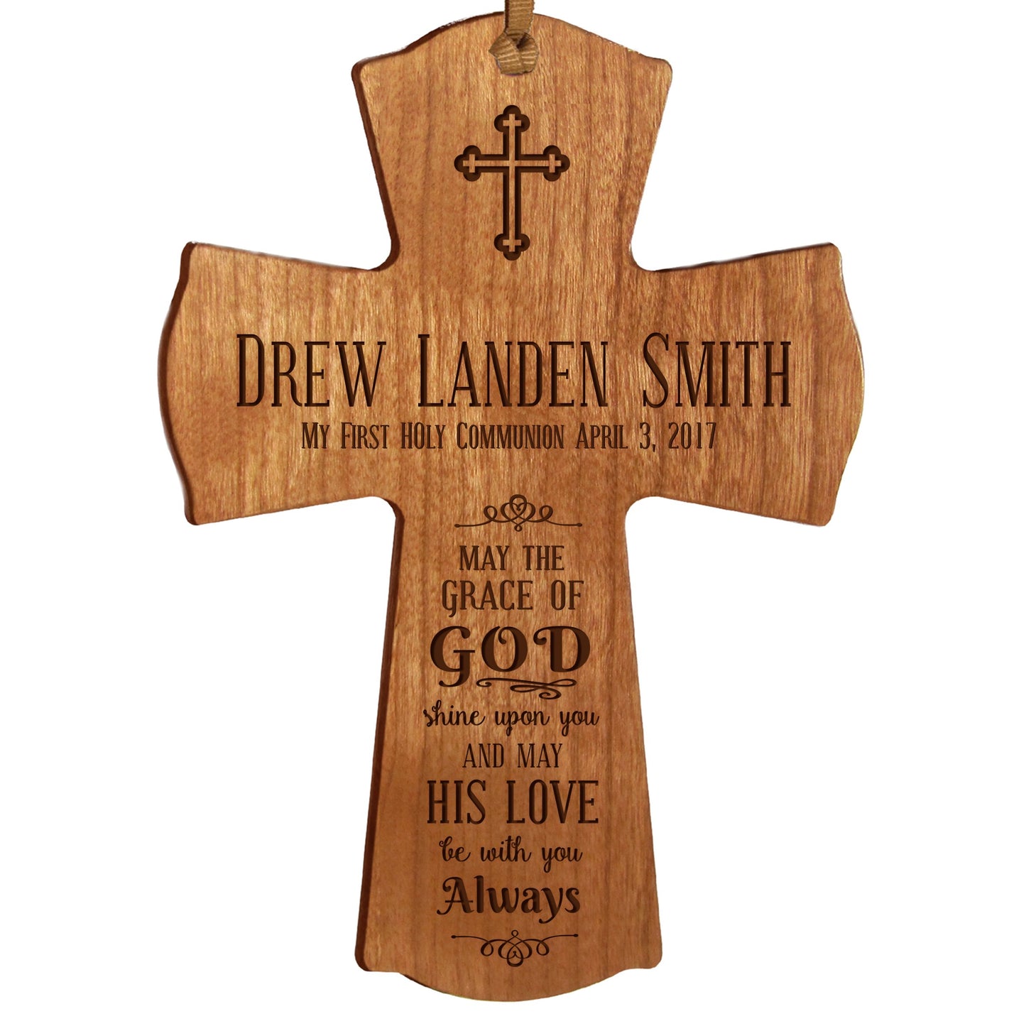 LifeSong Milestones Personalized Baptism 1st Holy Communion Christening Gifts Custom Wall Cross May the grace of GOD shine upon you and may HIS LOVE be with you Always Pine wood cross (Cherry - WoodArtSupply