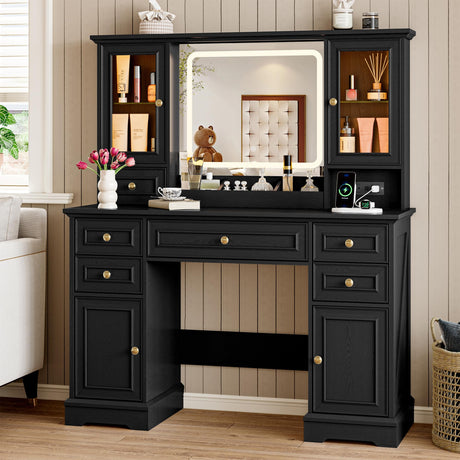 BORNOON Vanity Desk with Lights, Large LED Mirror with 3 Color Modes, Makeup Vanity with Power Outlet & USB Ports, 6 Drawers & 2 RGB Glass Cabinets, Farmhouse Dressing Table for Women & Girls (Black) BORNOON