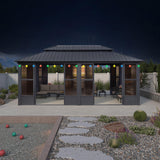 PURPLE LEAF 12' X 20' Sunroom with Light Permanent Hardtop Gazebo Solarium Galvanized Steel Double Roof Aluminum Outdoor Screen House for Patio Deck Backyard Grey PURPLE LEAF