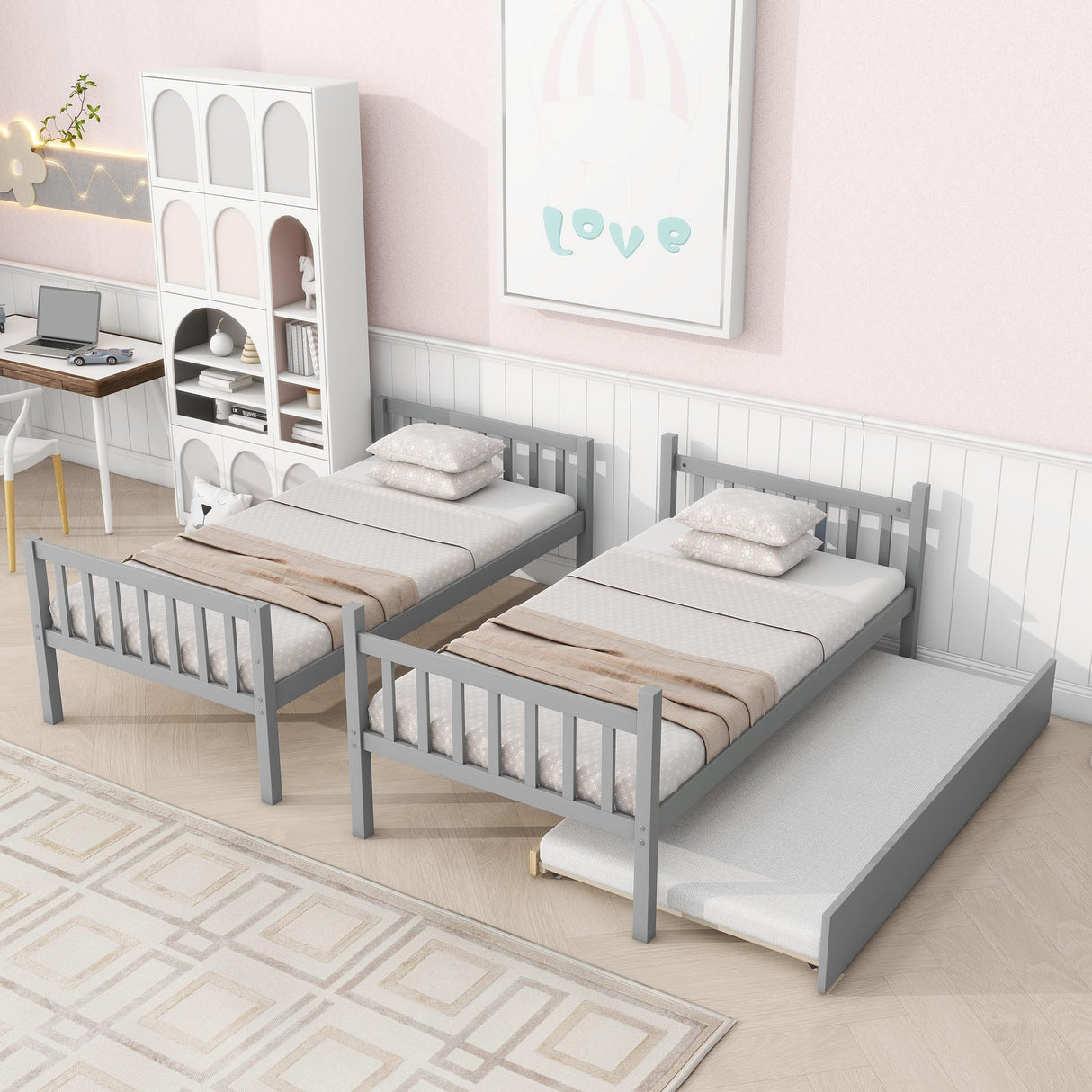 Merax Twin-Over-Twin Bunk Bed with Movable Trundle, Solid Wood Detachable Bunk Bed with Safety Guardrial and Ladder, Can be Converted Into 3 Separate Beds,Grey Merax