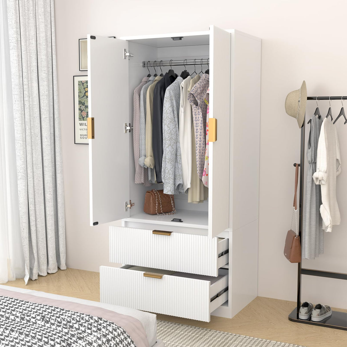 PPorfamilia 70" Wardrobe Closet with 2 Doors and 2 Drawers, Clothing Storage Cabinets with Hanging Rod, Modern Wooden Armoire Wardrobe Closet with Gold Handles for Bedroom Armoires Laundry PPorfamilia