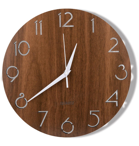 Nicunom 12 Inch Wooden Wall Clock, Cut-Out Numbers Design, Rustic Country Style Wall Clocks, Silent Non-Ticking, Decor for Home Living Room Bedroom Kitchen Office - Battery Operated Nicunom