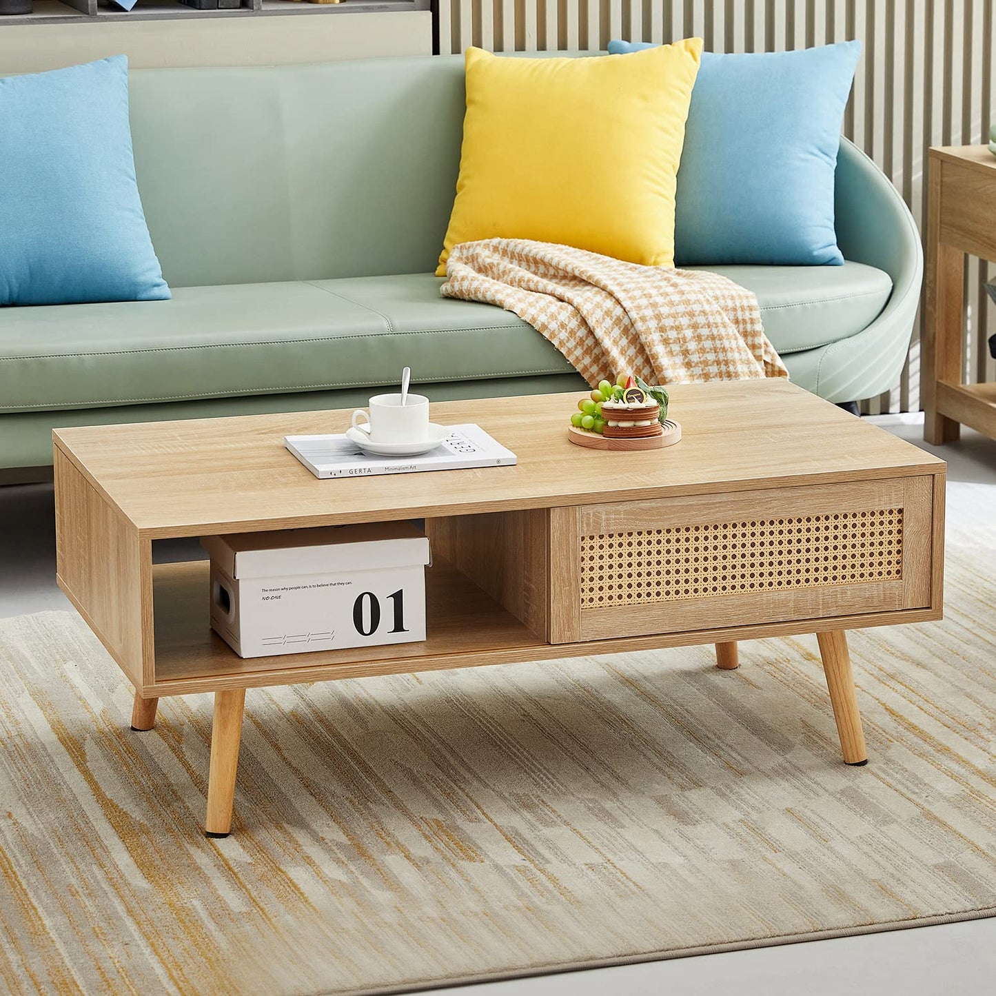 Ganooly Mid Century Modern Coffee Table with Storage, 41.3 Inch Rectangle Wooden Accent Center Tables with Sliding PE Rattan Woven Door Panel and Solid Wood Legs, Suitable for Living Room, Ap - WoodArtSupply