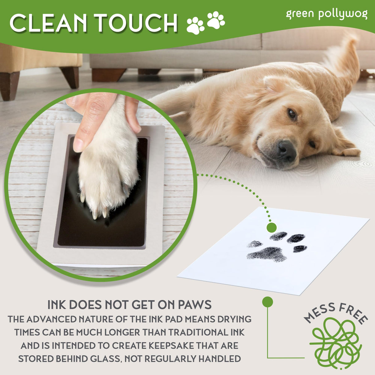 Green Pollywog | Paw Print Pet Keepsake Hinge Photo Frame + Ink Pad Kit | Dog Paw Print Kit | Extra-Large Ink Pad Included | 4 x 6 Picture Openings Green Pollywog
