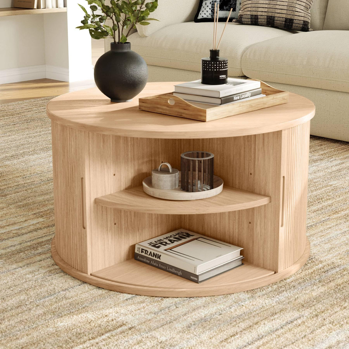 LINSY HOME Round Coffee Table, 31.5" Drum Coffee Table with Sliding Tambour Door, Fluted Accent Center Table with Storage, Mid Century Modern Coffee Table for Living Room, Oak LINSY HOME