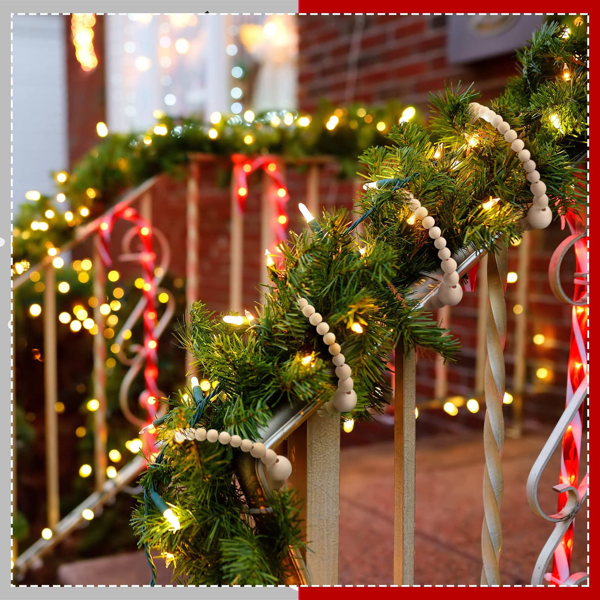 Yinder 4 Pcs 48 Feet Christmas Wooden Beaded Garland 11.8 ft Christmas Tree Garland Beads Farmhouse Rustic Wall Hanging Decor Boho Hanging Decorations for Xmas Holiday Mantel Home Party(Natural) Yinder