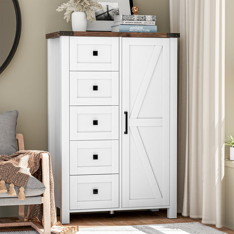 VVFLU Farmhouse Dresser Storage Cabinet Chest of Drawer for Bedroom, 5 Drawer Dresser with Barn Door, 48 Inch Tall White Wood Dresser, Adjustable Shelves, Rustic, for Living Room, Entryway, Hallway VVFLU
