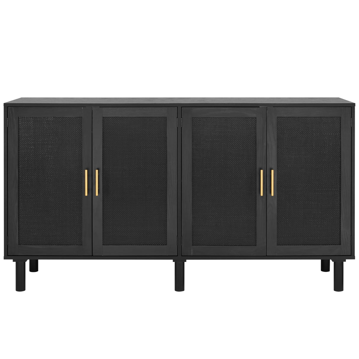 Finnhomy 4 Door Sideboard Buffet Cabinet, Kitchen Storage Cabinet with Black Painted Rattan Decorated Doors, Cupboard Console Table, Boho Accent Liquor Cabinet, 62.3X 15.7X 34.6 Inches, Full Black Finnhomy