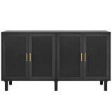 Finnhomy 4 Door Sideboard Buffet Cabinet, Kitchen Storage Cabinet with Black Painted Rattan Decorated Doors, Cupboard Console Table, Boho Accent Liquor Cabinet, 62.3X 15.7X 34.6 Inches, Full Black Finnhomy