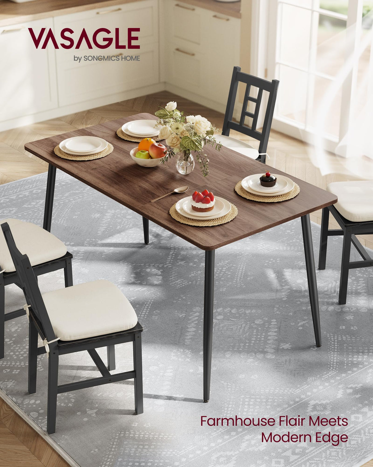 VASAGLE Dining Table, Dining Room Table for 4-6 People, Modern Farmhouse, for Kitchen, Quick Assembly, Heat-Resistant Surface, 29.5 x 55.1 x 29.5 Inches, Natural Walnut and Ink Black UKDT100K02V1 VASAGLE