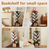 7 Tier Tree Book shelf, Small Bookcase with Reading Planner and Activity Panel, Modern Floor Standing Corner Tall Narrow Storage Cabinet Bookshelves for Home Office Bedroom Living Room (Rustic Brown) FredCache