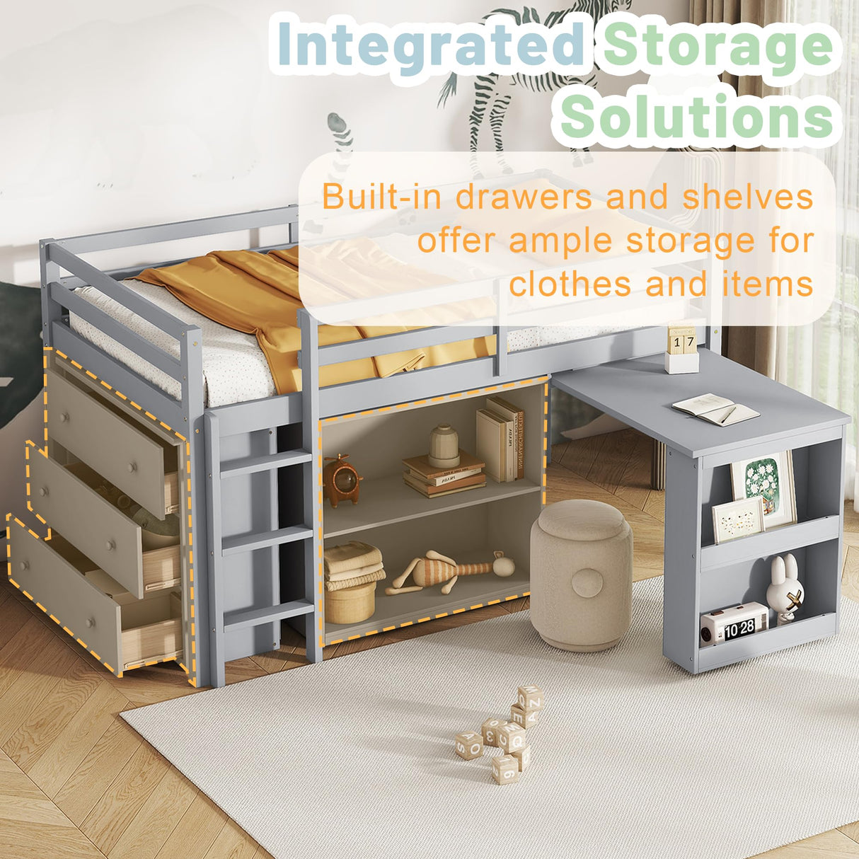 Low Loft Bed with Storage & Rolling Out Desk, Kids Twin Size Loft Beds with Bookcase & Drawers, Rubber Wood Junior Lofts Bed with Dresser/Shelves/Ladder/Guardrails for Boys Girls Teens, Gray Duxelifin