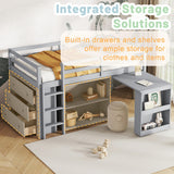 Low Loft Bed with Storage & Rolling Out Desk, Kids Twin Size Loft Beds with Bookcase & Drawers, Rubber Wood Junior Lofts Bed with Dresser/Shelves/Ladder/Guardrails for Boys Girls Teens, Gray Duxelifin