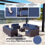 Kullavik 14 Pieces Outdoor Patio Furniture Set Outdoor Sectional Rattan Sofa Set Brown Manual Wicker Patio Conversation Set with Navy Blue Cushions,2 Tempered Glass Tea Table and Cushions Covers Kullavik