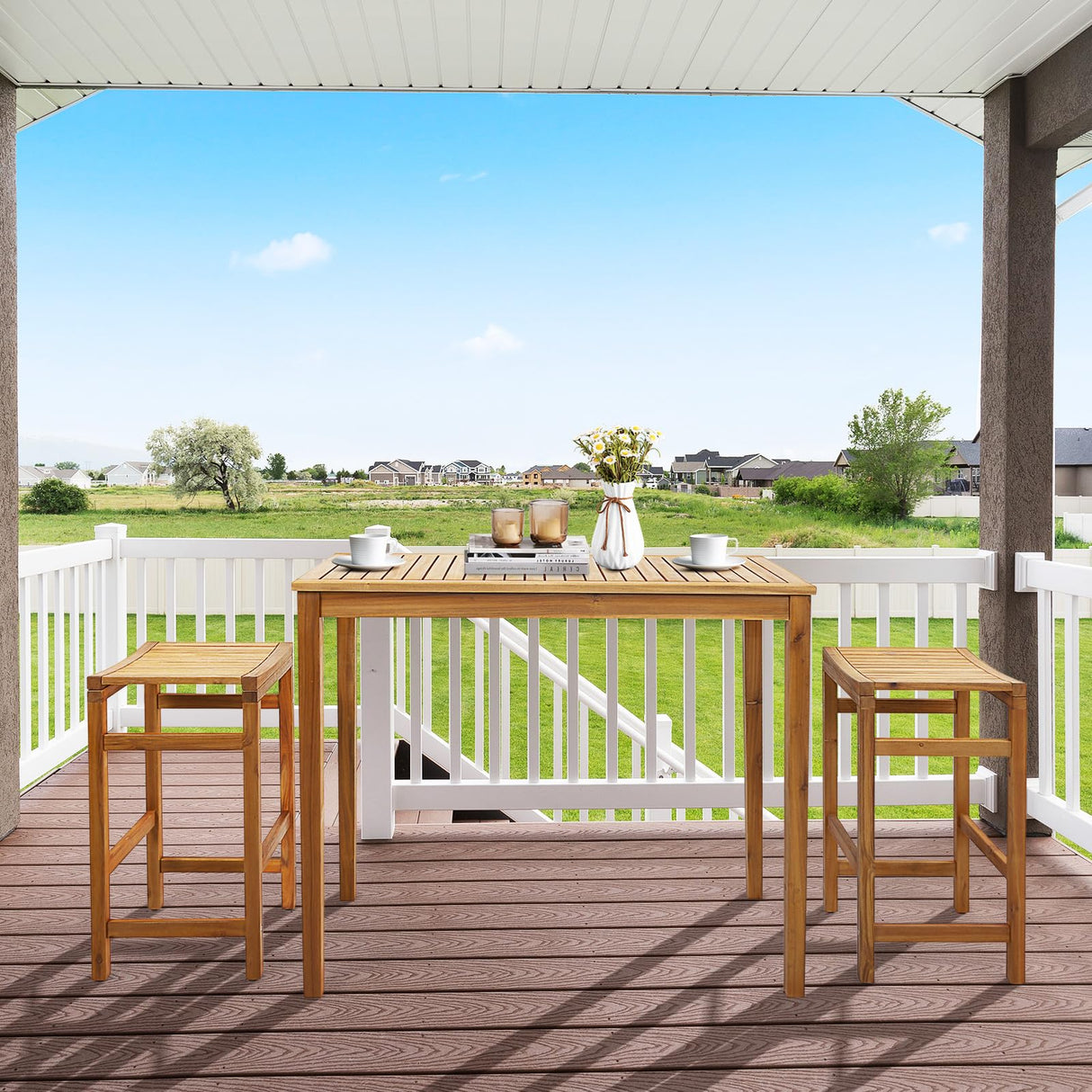 Tangkula Outdoor Acacia Wood Bar Table, 45” Rectangular Bar Height Farmhouse Rustic Dining Table with Slatted Tabletop, for Patio Porch Garden Deck, Teak Finish Tangkula