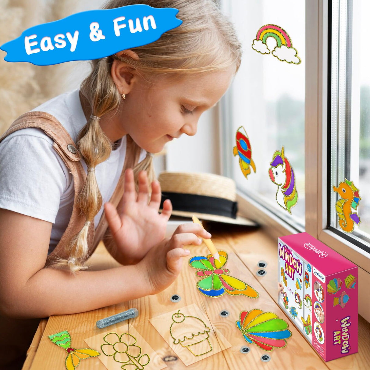 goldentime Create Your Own Fun Window Art Kit for Kids Ages 6+ Including 14 DIY Suncatchers with 10 Window Paints, Glitter & Googly Eyes –Perfect Kids Window Painting Craft Kit for DIY Window Art goldentime