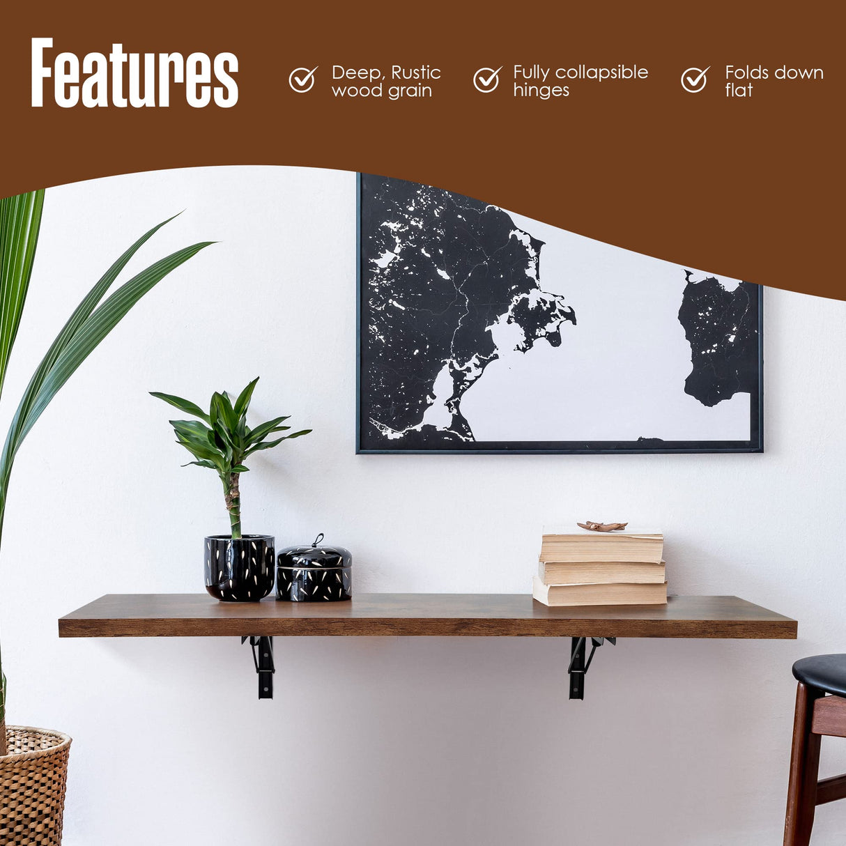 Houseables Wall Desk, Mounted Floating Table, Folding Desks, 48 x 15.75 x 1.25 Inch, Fold Down Dining Tables, Foldable Hanging Workbench, Drop-Leaf Walldesk, for Small Spaces, Bar, Computer, Laptop Houseables