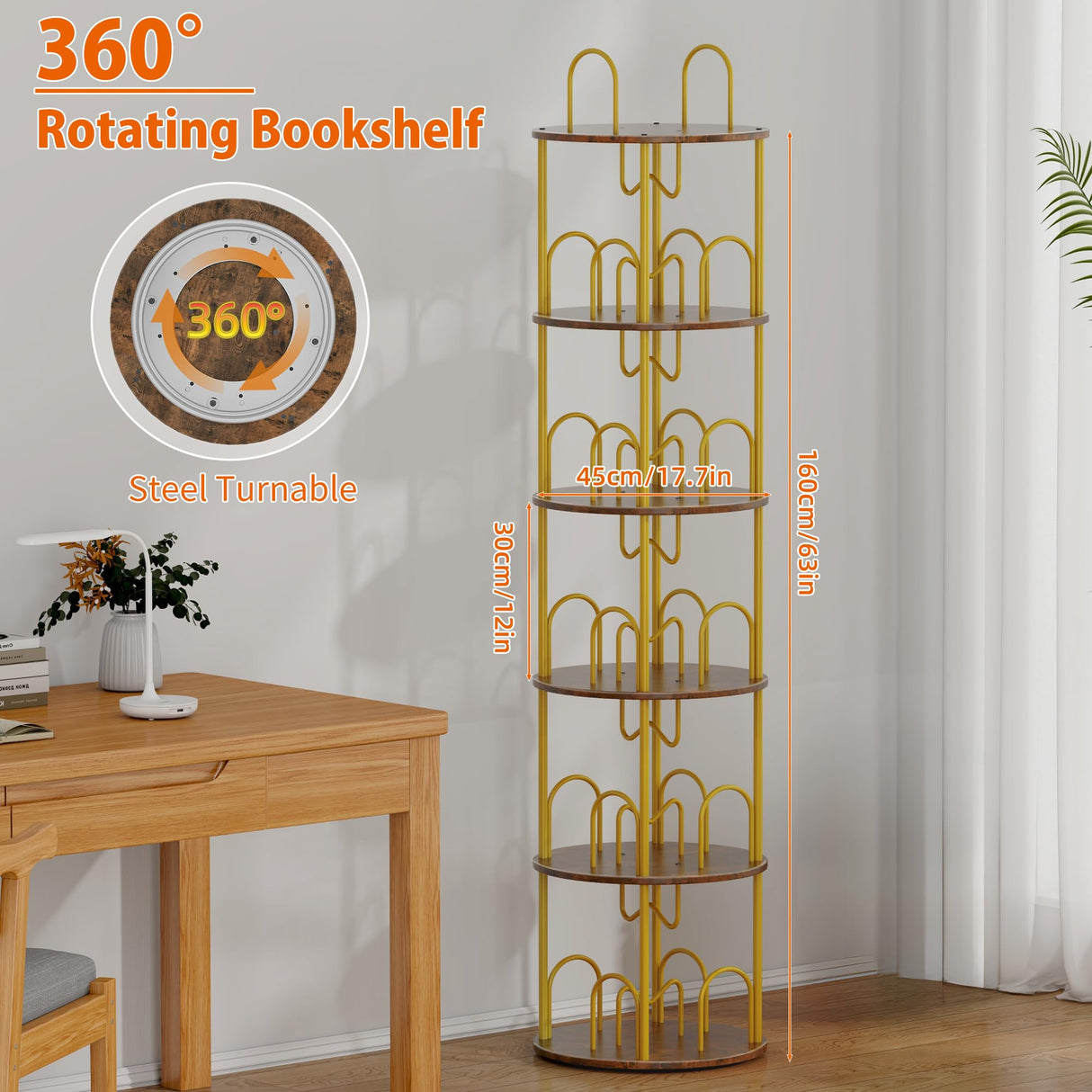 Merkisa 5 Tier Rotating Bookshelf, 360° Spinning Bookshelf Tower, Narrow Corner Book Shelf, Revolving Bookcase Corner Tall Book Shelf for Small Spaces, Bedroom, Living Room, Gold Merkisa