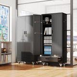 SUXXAN Broom Closet with Wheels 71"x 31.5"x15.75", Metal Cleaning Cabinets with Drawer Hooks and Hanging Rods, Lockable Cabinet with Pegboard, Adjustable Shelf,for Garage, Laundry Room SUXXAN