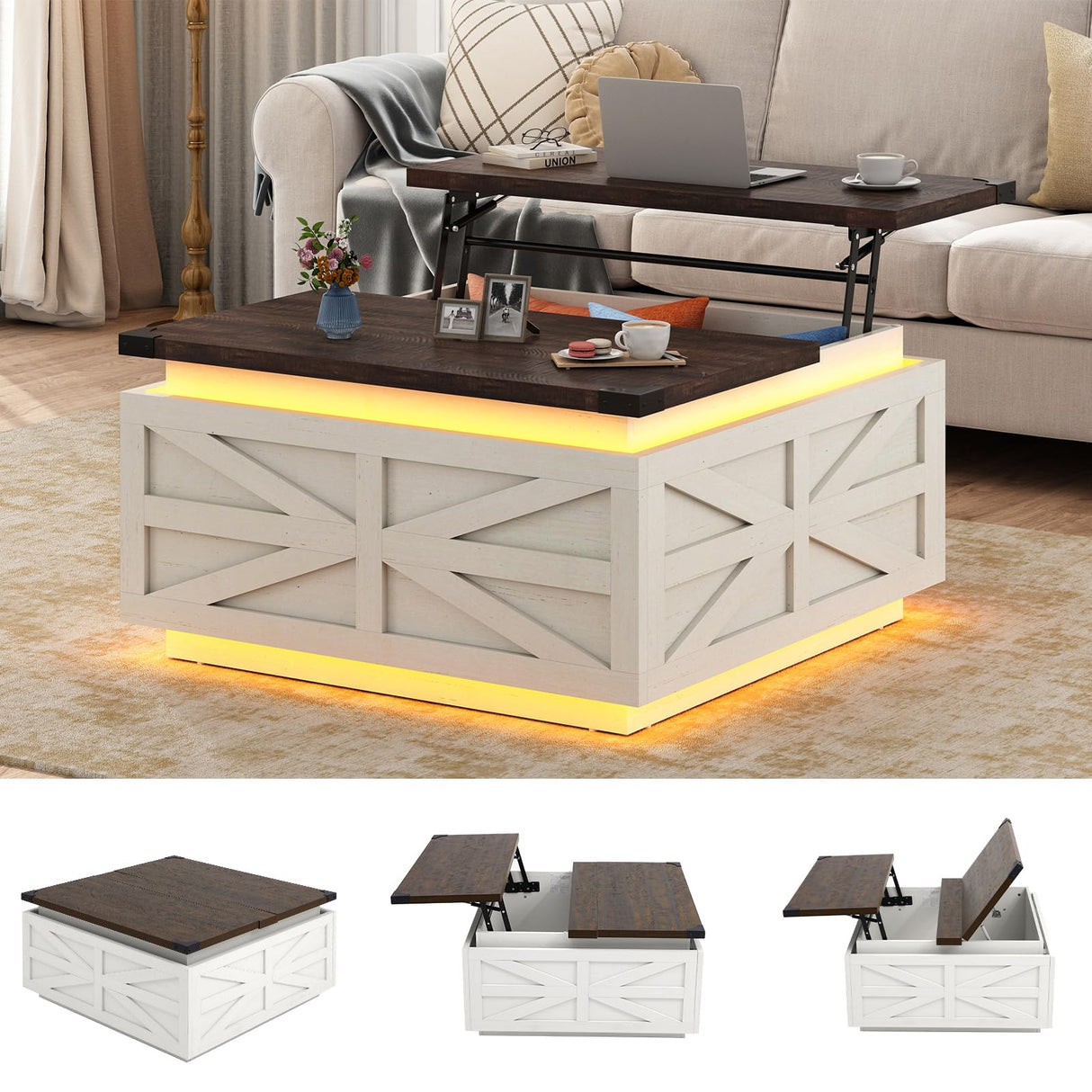 Large Farmhouse Lift Top Coffee Table with Hidden Storage Compartment, Wood Square Center Table with Charging Station&USB Ports for Living Room, White chartustriable
