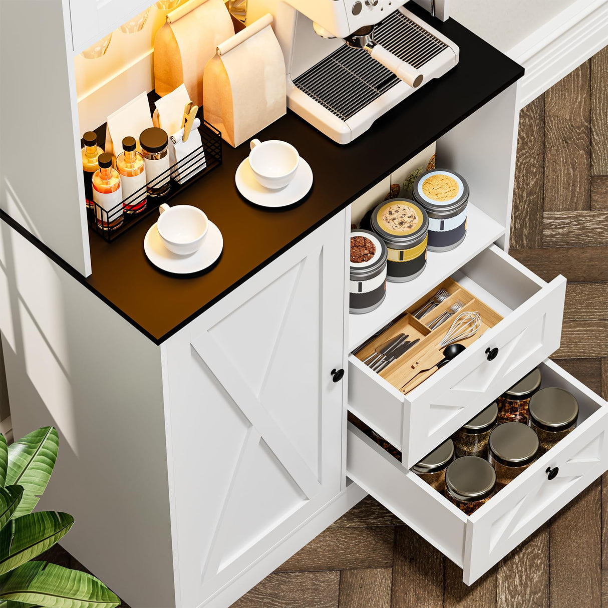 Frmobepts 71‘’Kitchen Pantry Storage Cabinet with LED Lights and Power Outlet, Tall Farmhouse Kitchen Hutch with Microwave Stand,Globet Hooks and Adjustable Shelf for Dining Living Room,White Frmobepts