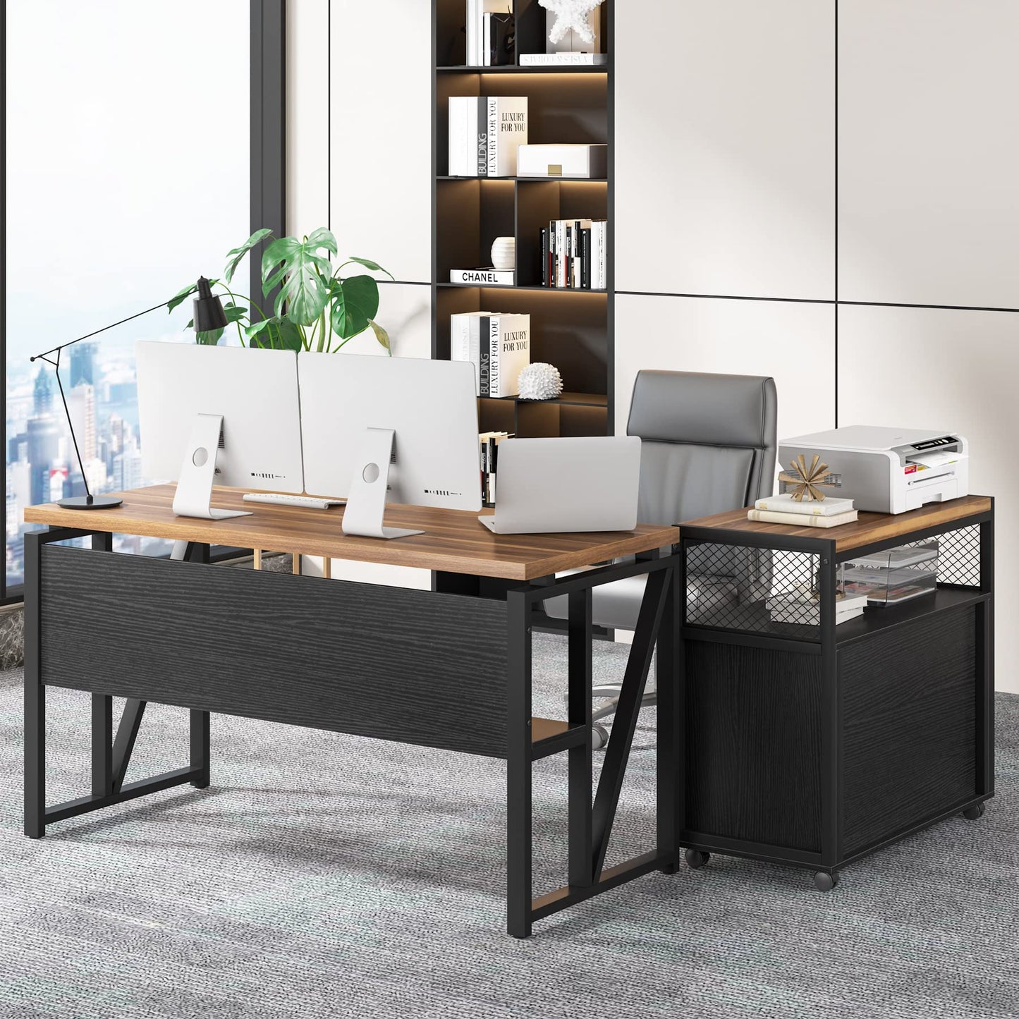 Tribesigns Office Desk with Drawers,55 inches L Shaped Computer Desk with Storage Shelves and Mobile File Cabinet, Executive Desk for Home Office Furniture Sets - WoodArtSupply