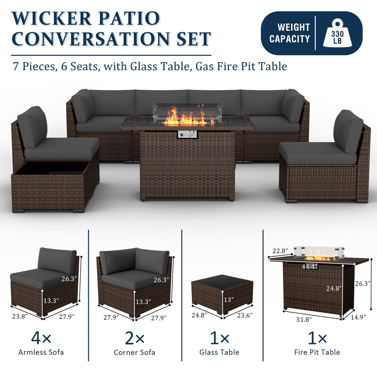 VONZOY 8 Pieces Outdoor Patio Furniture Set with 44" Fire Pit Table Rattan Sectional Conversation Sets w/Gas Fire Pit, Coffee Table, 2 Waterproof Covers, Dark Grey VONZOY