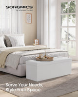 SONGMICS MAZIE Collection - 43 Inches Folding Storage Ottoman Bench, Ottoman with Storage, Foot Rest Stool, Load 660 lb, for Living Room, Synthetic Leather, White ULSF702 SONGMICS