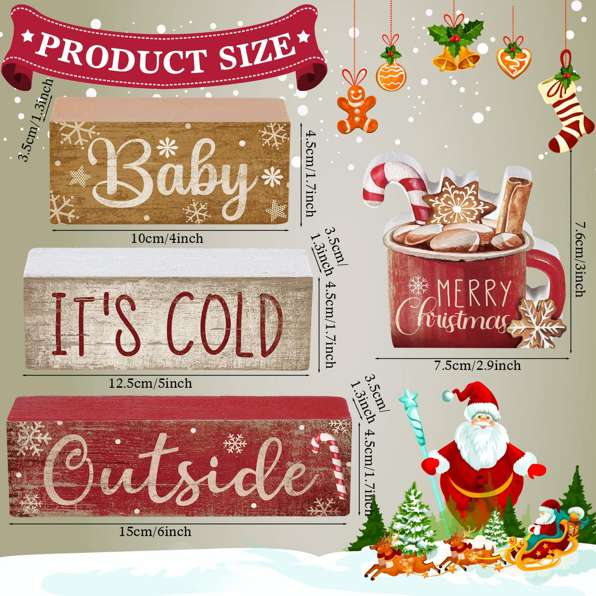 Moucuny 4 Pcs Christmas Table Decor Wooden Hot Cocoa Decoration Christmas Centerpiece Winter Tiered Tray Decor Decorative Red Hot Cocoa Block Signs Gift Farmhouse Xmas Decoration for Home Kitchen Moucuny